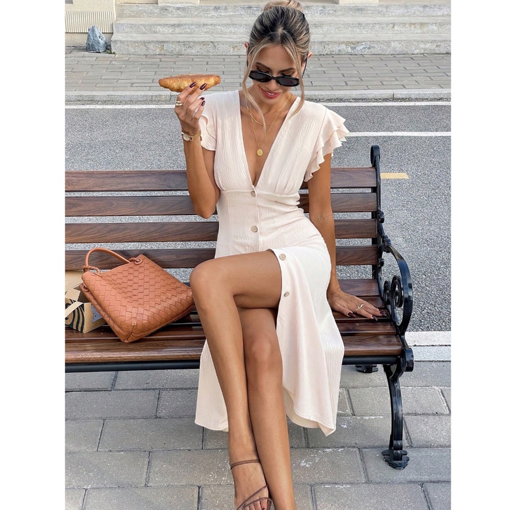 Beige Midi Dress V-Neck Ruffle Sleeve Button Through - Picture 3 of 9